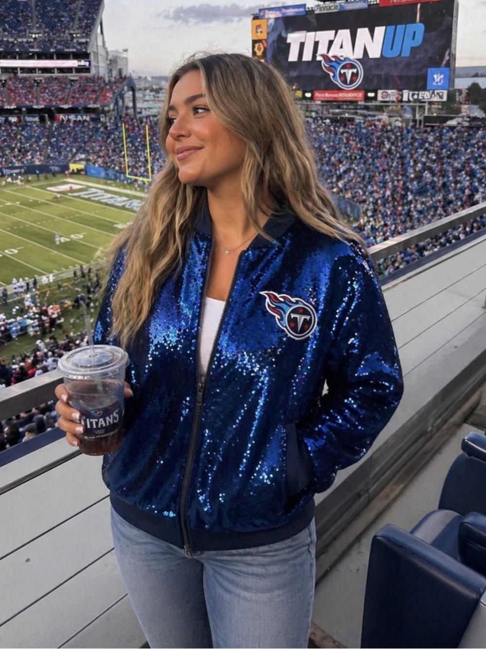 The Wild Collective Tennessee Titans Sequin Full-Zip Jacket Blue NEW Football
